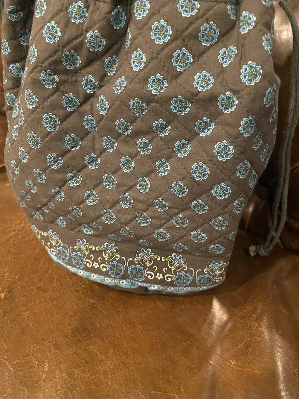 Quilted Drawstring Hobo Bag in Brown and Blue